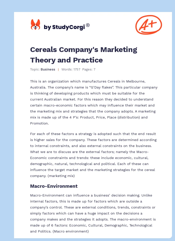 Cereals Company's Marketing Theory and Practice. Page 1