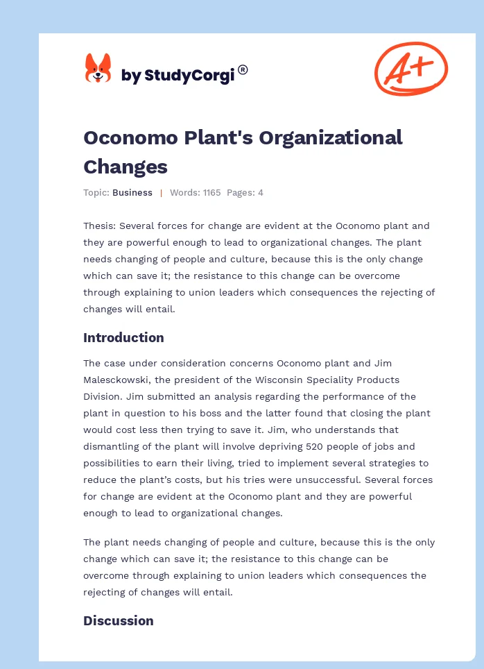 Oconomo Plant's Organizational Changes. Page 1