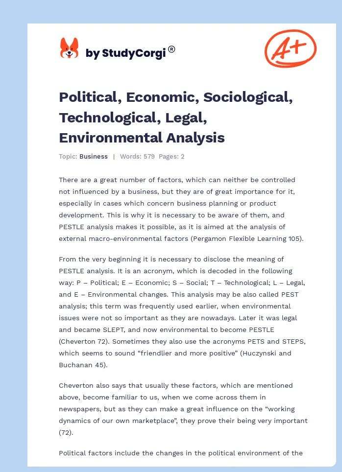 Political, Economic, Sociological, Technological, Legal, Environmental Analysis. Page 1
