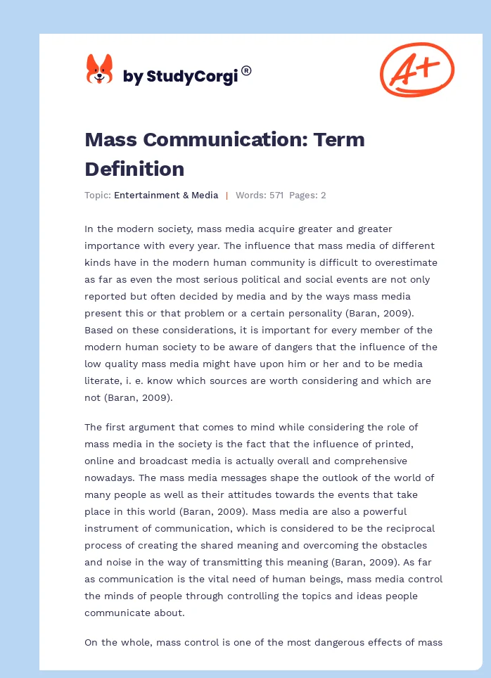 Mass Communication: Term Definition. Page 1