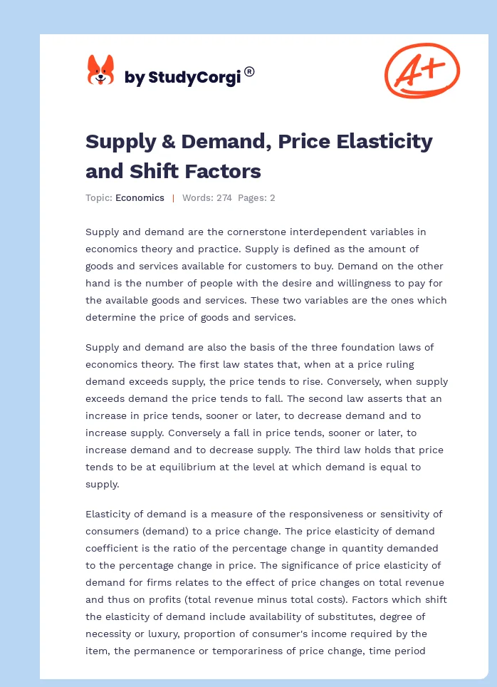 Supply & Demand, Price Elasticity and Shift Factors. Page 1
