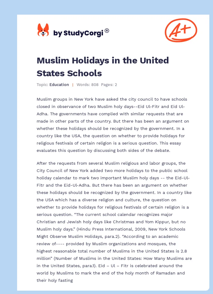 Muslim Holidays in the United States Schools. Page 1