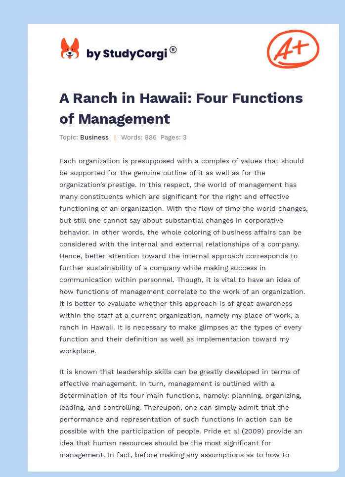 A Ranch in Hawaii: Four Functions of Management. Page 1