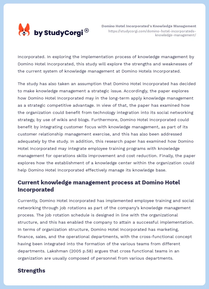 Domino Hotel Incorporated's Knowledge Management. Page 2