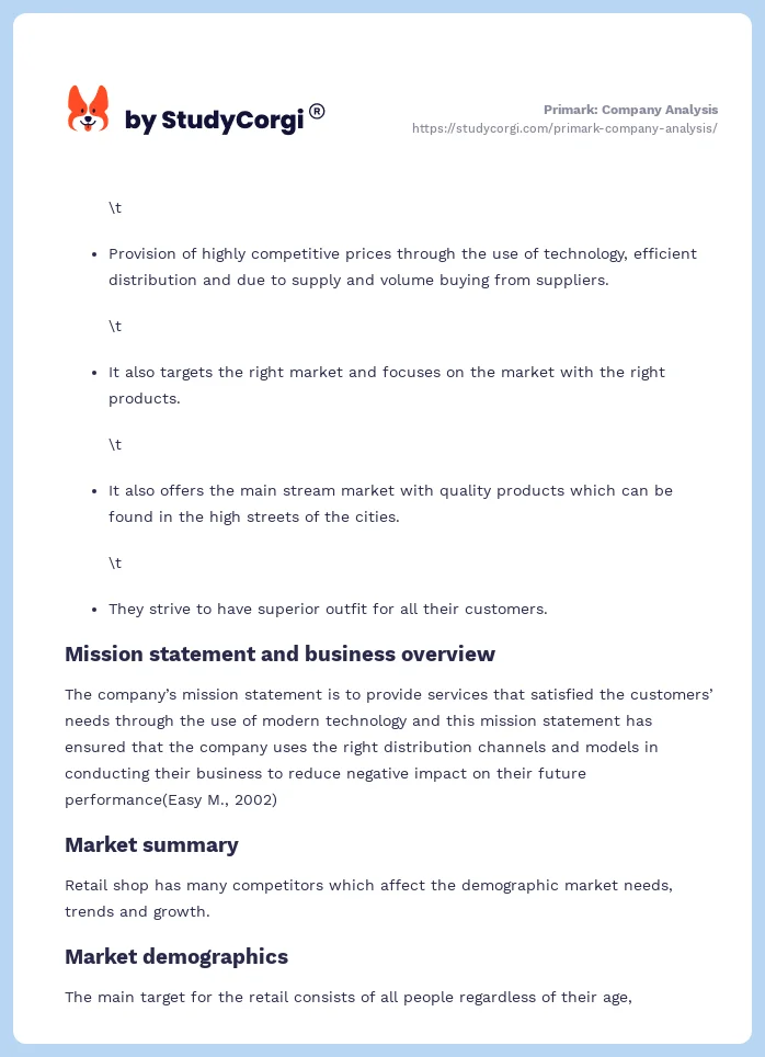 Primark: Company Analysis. Page 2