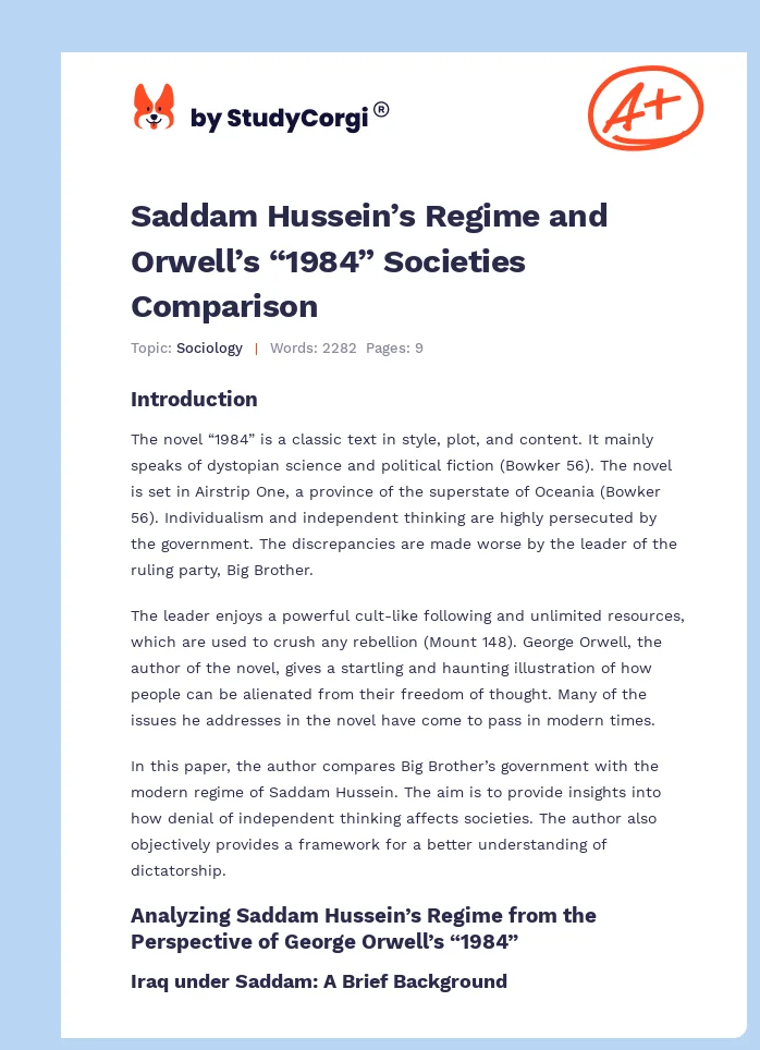 Saddam Hussein’s Regime and Orwell’s “1984” Societies Comparison. Page 1