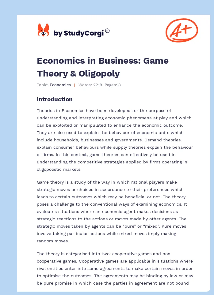 Economics in Business: Game Theory & Oligopoly. Page 1