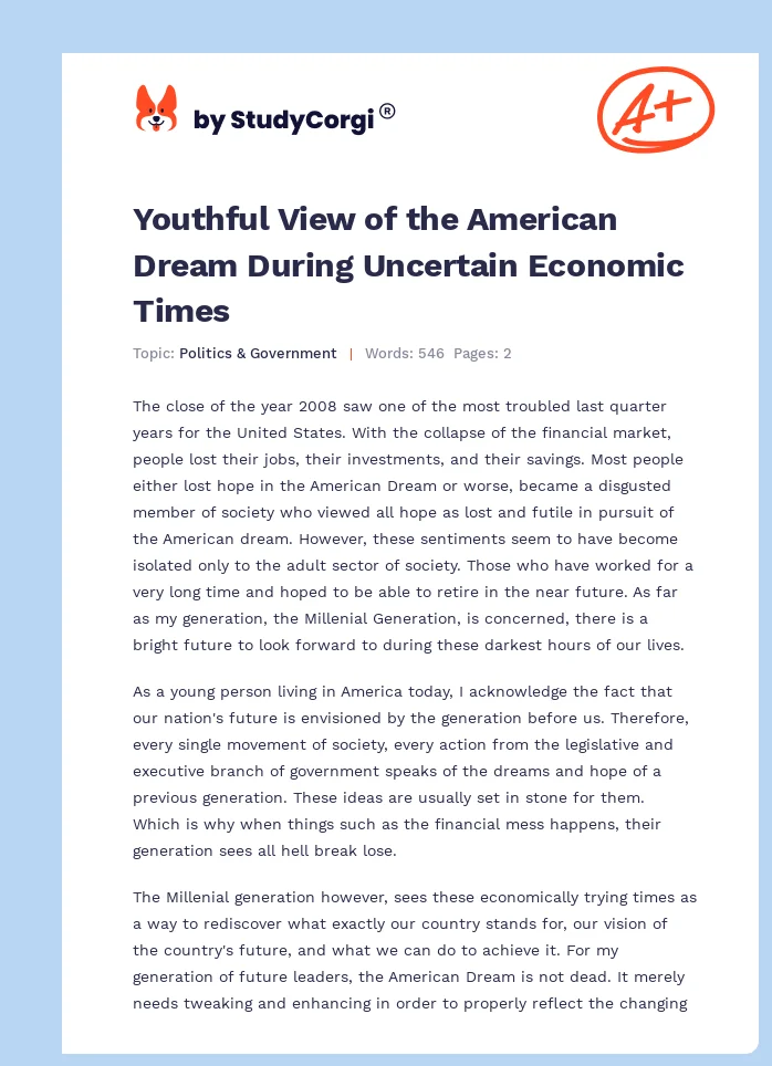 Youthful View of the American Dream During Uncertain Economic Times. Page 1