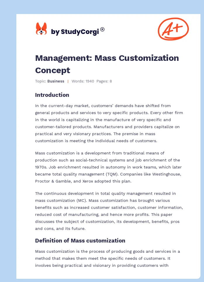 Management: Mass Customization Concept. Page 1