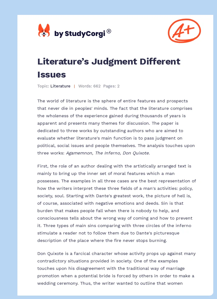Literature’s Judgment Different Issues. Page 1