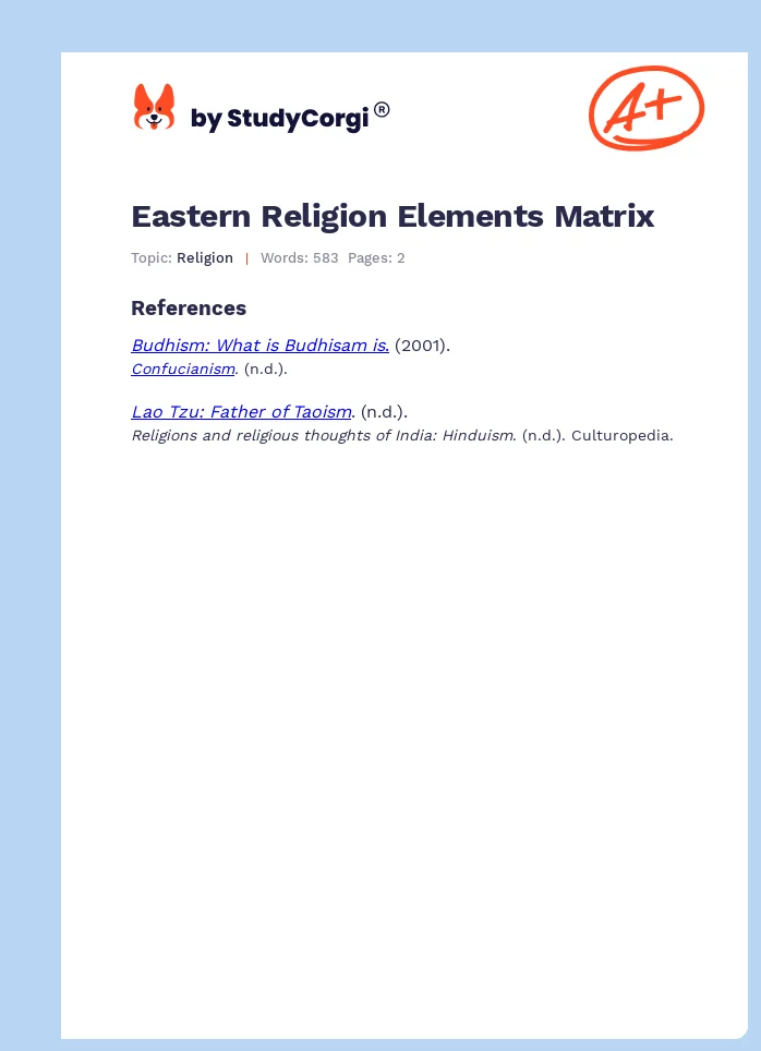 Eastern Religion Elements Matrix. Page 1