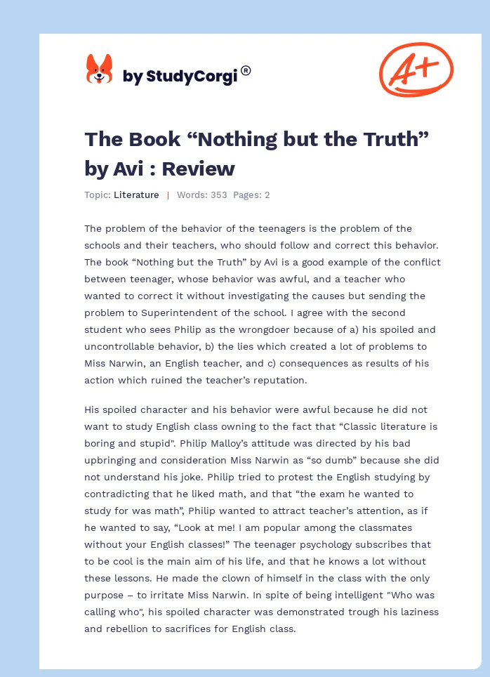 The Book “Nothing but the Truth” by Avi : Review. Page 1