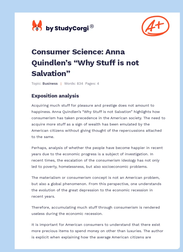 Consumer Science: Anna Quindlen’s “Why Stuff is not Salvation”. Page 1