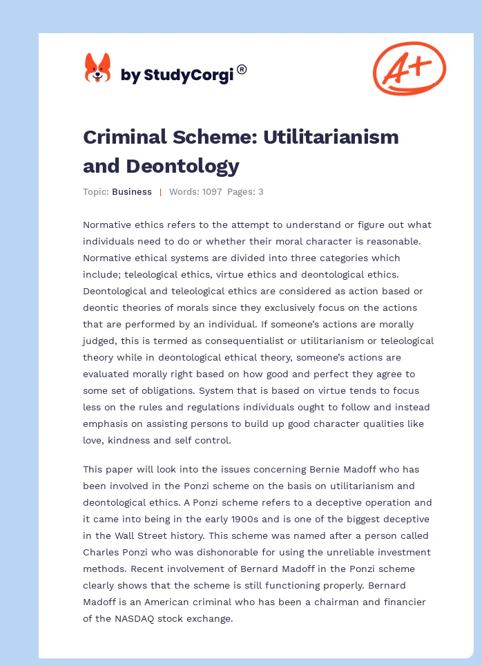 Criminal Scheme: Utilitarianism and Deontology. Page 1
