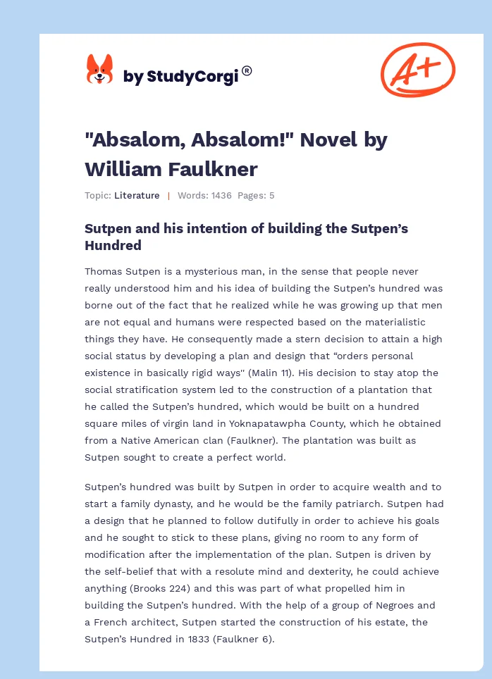 "Absalom, Absalom!" Novel by William Faulkner. Page 1