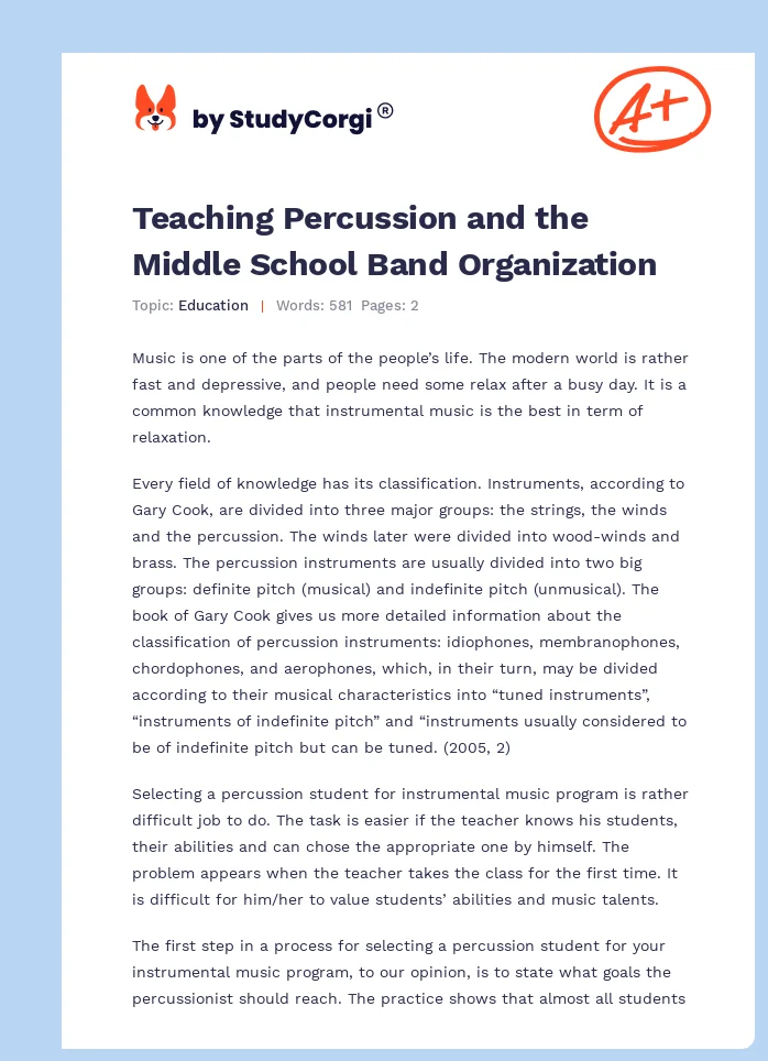 Teaching Percussion and the Middle School Band Organization. Page 1