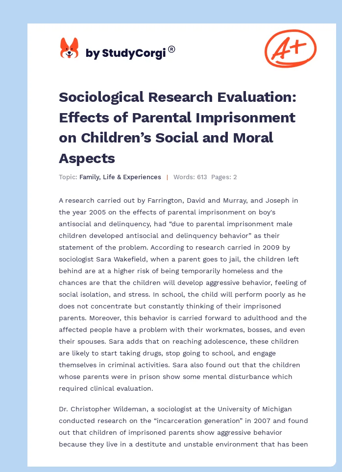Sociological Research Evaluation: Effects of Parental Imprisonment on Children’s Social and Moral Aspects. Page 1