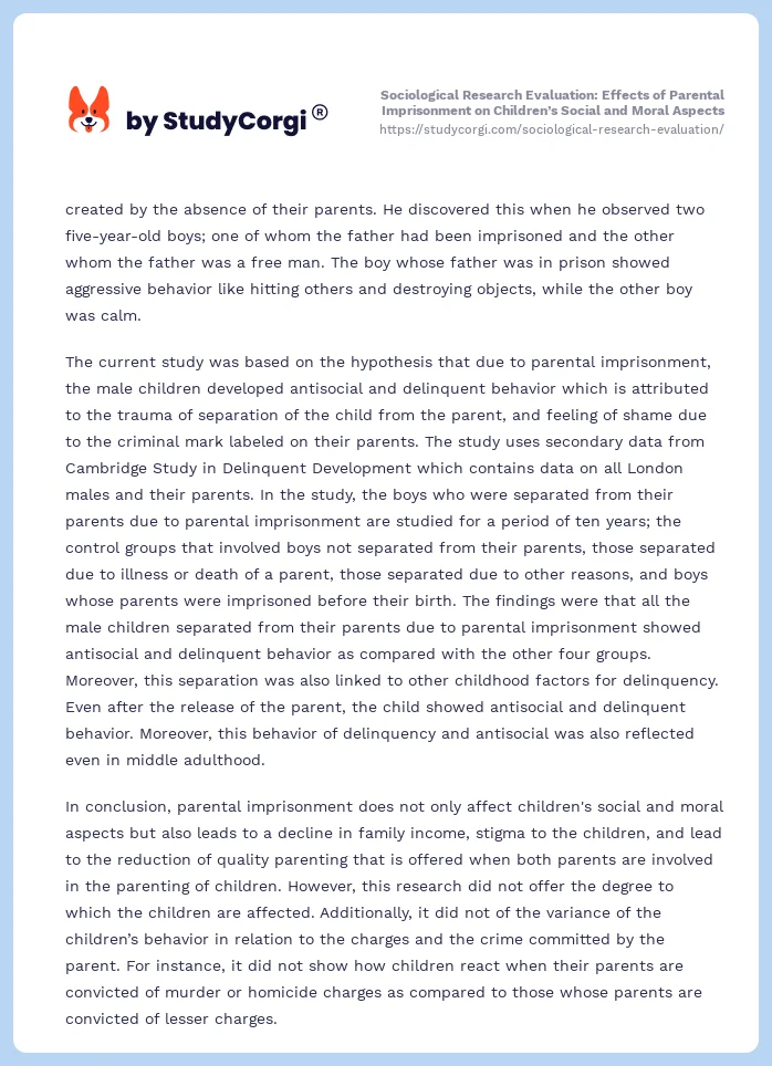 Sociological Research Evaluation: Effects of Parental Imprisonment on Children’s Social and Moral Aspects. Page 2