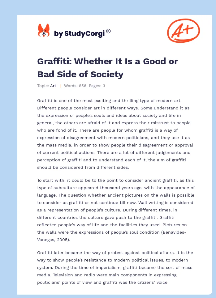 Graffiti: Whether It Is a Good or Bad Side of Society. Page 1