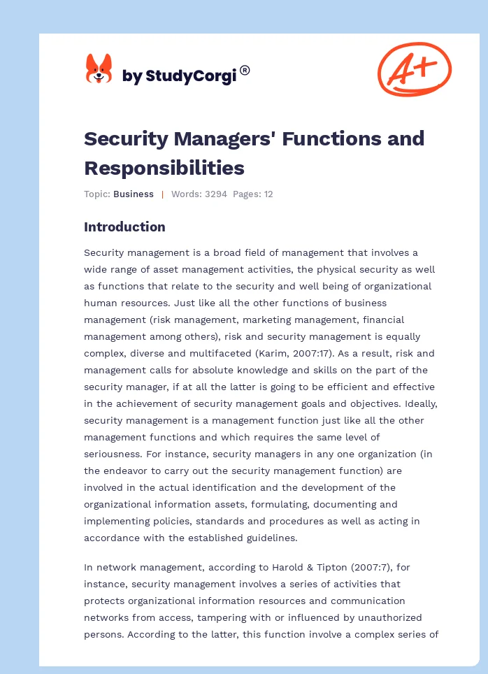 Security Managers' Functions and Responsibilities. Page 1
