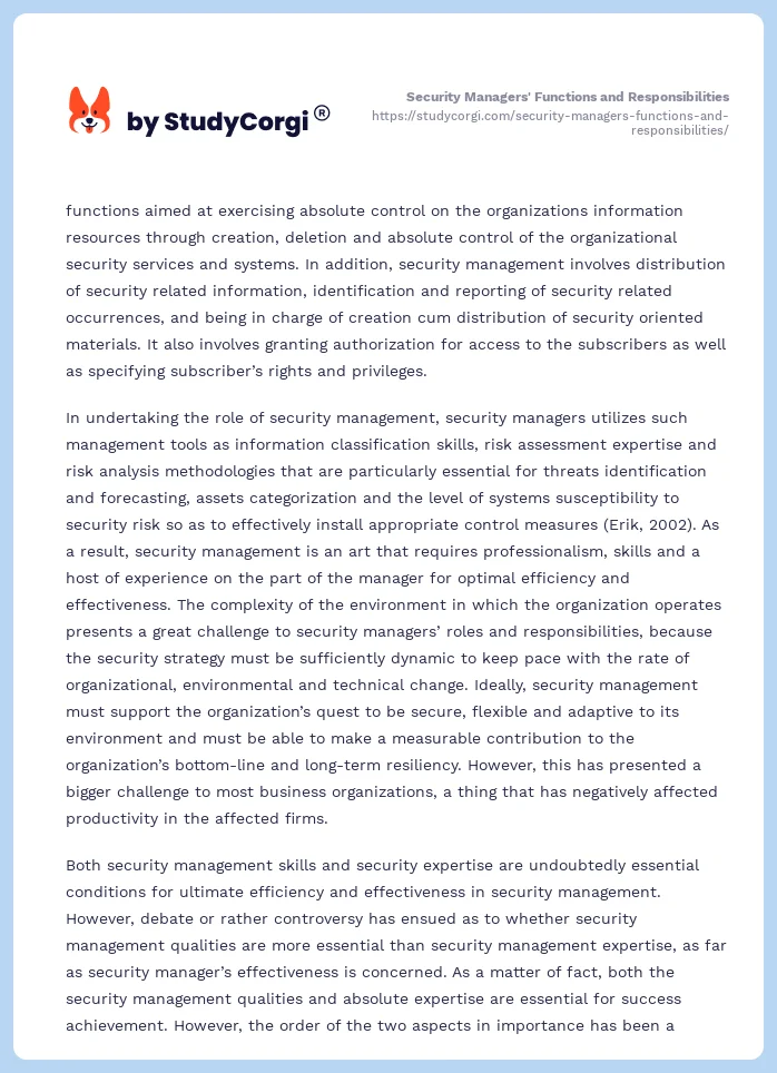 Security Managers' Functions and Responsibilities. Page 2