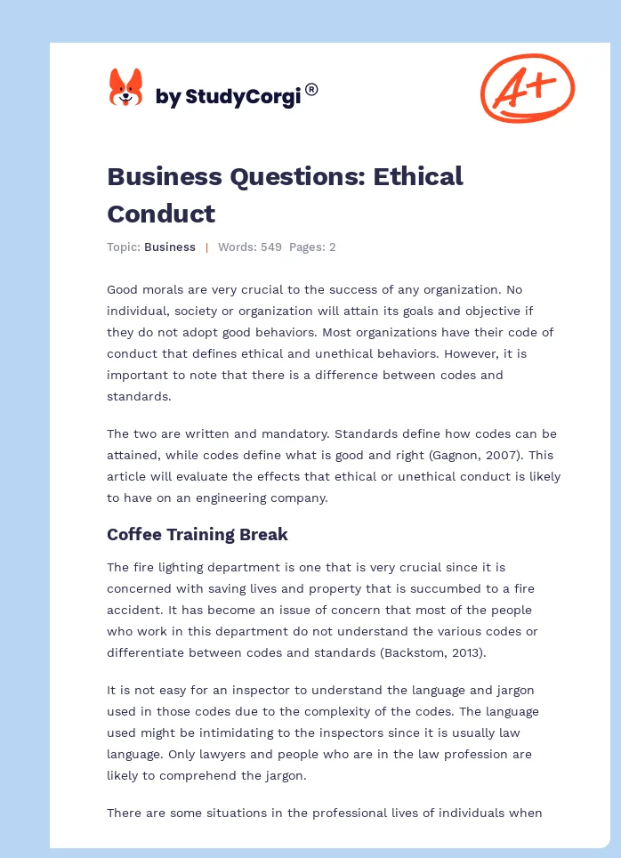 Business Questions: Ethical Conduct. Page 1