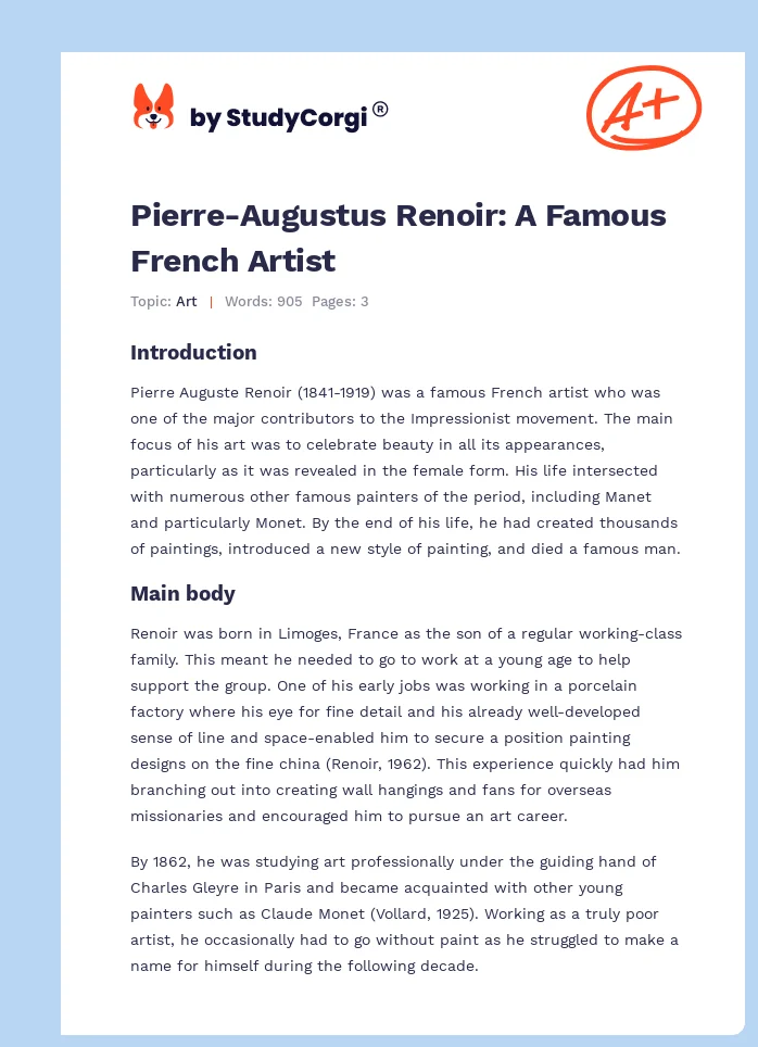 Pierre-Augustus Renoir: A Famous French Artist. Page 1