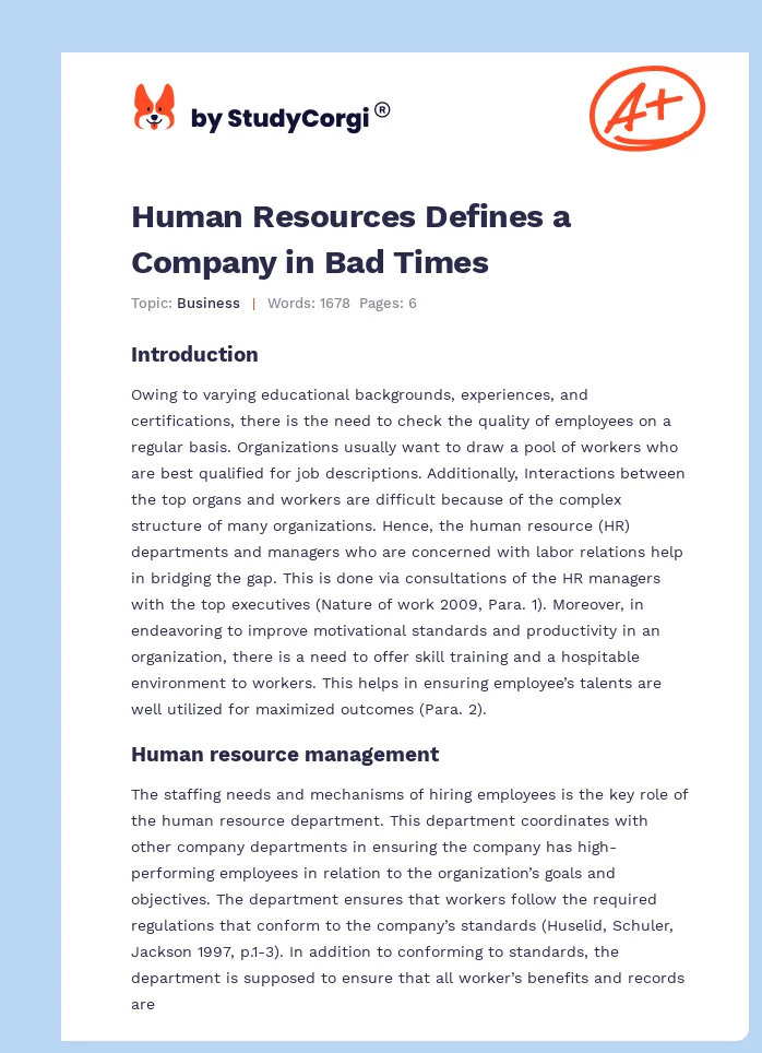 Human Resources Defines a Company in Bad Times. Page 1
