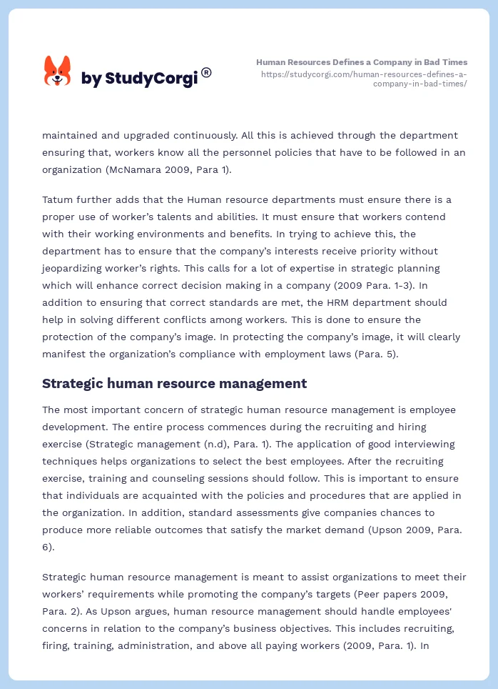 Human Resources Defines a Company in Bad Times. Page 2