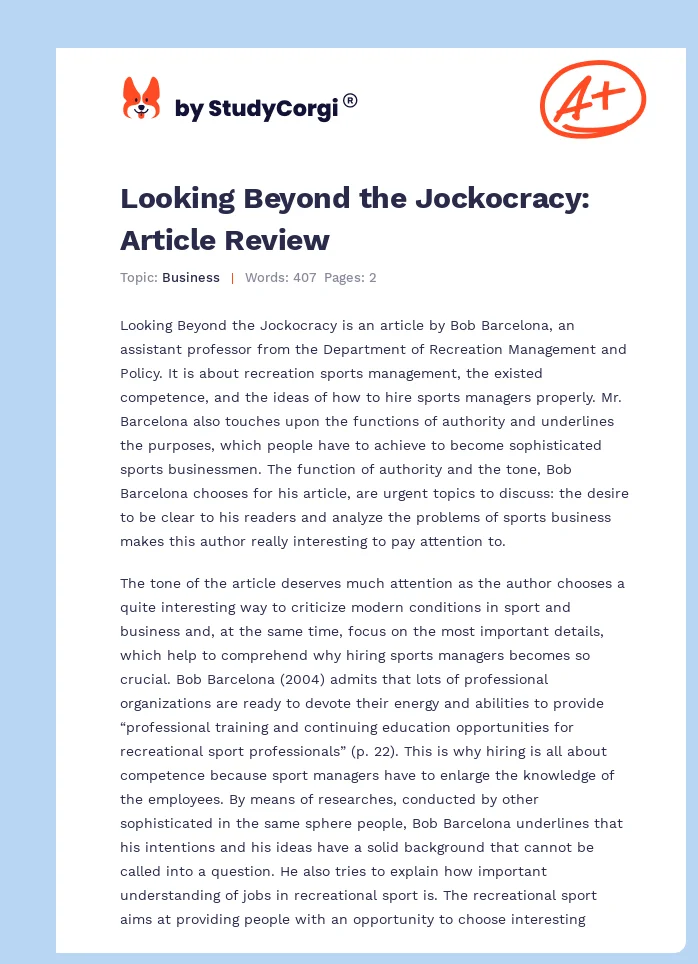 Looking Beyond the Jockocracy: Article Review. Page 1
