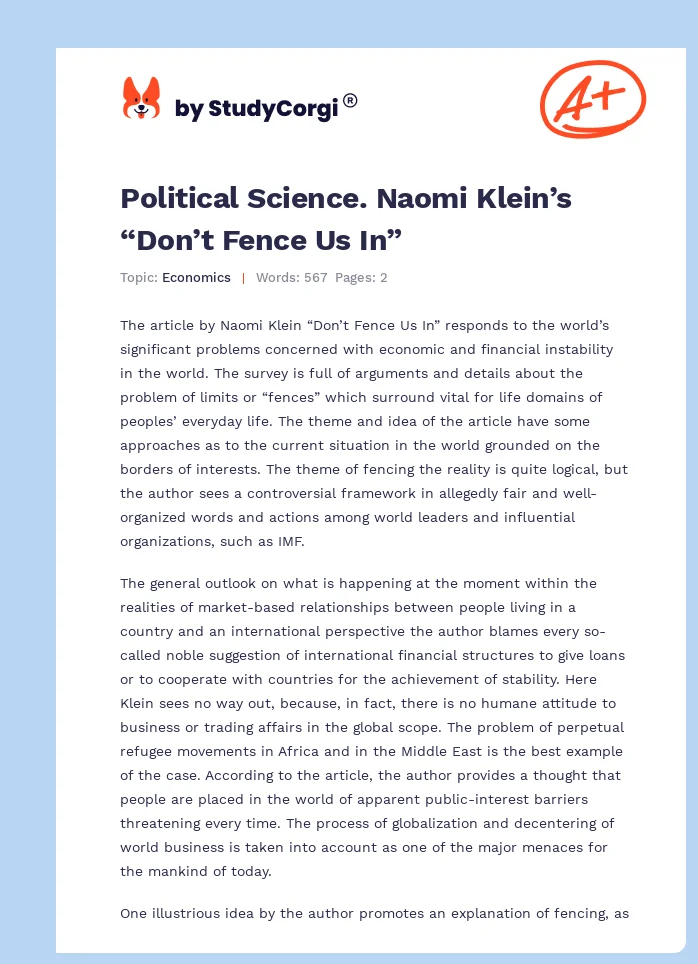 Political Science. Naomi Klein’s “Don’t Fence Us In”. Page 1