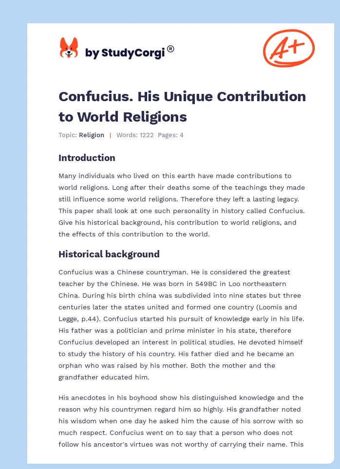 Confucius. His Unique Contribution to World Religions. Page 1