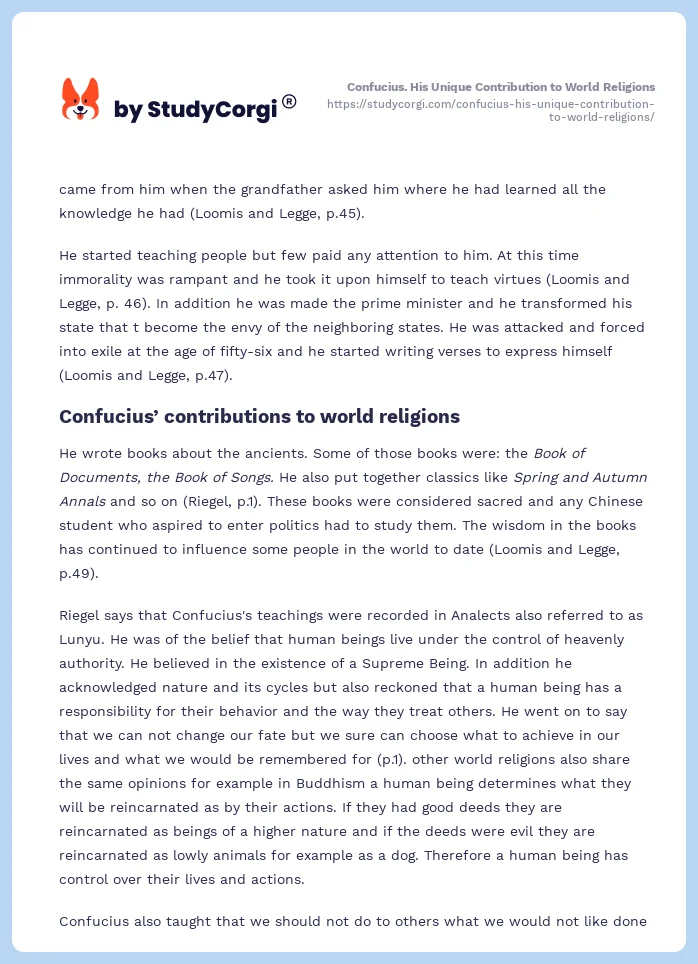 Confucius. His Unique Contribution to World Religions. Page 2