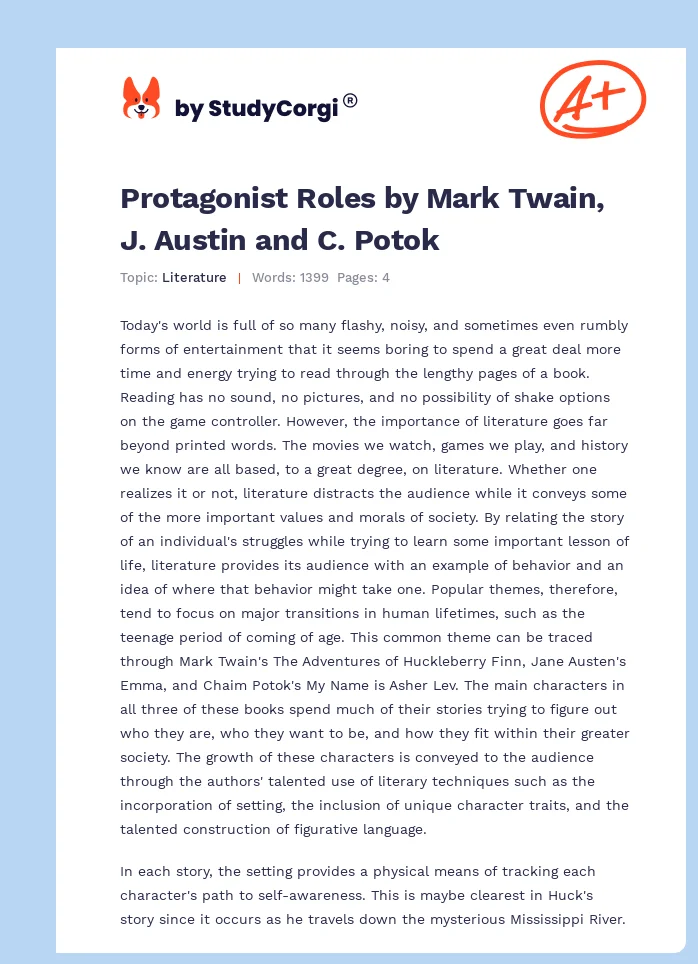 Protagonist Roles by Mark Twain, J. Austin and C. Potok. Page 1