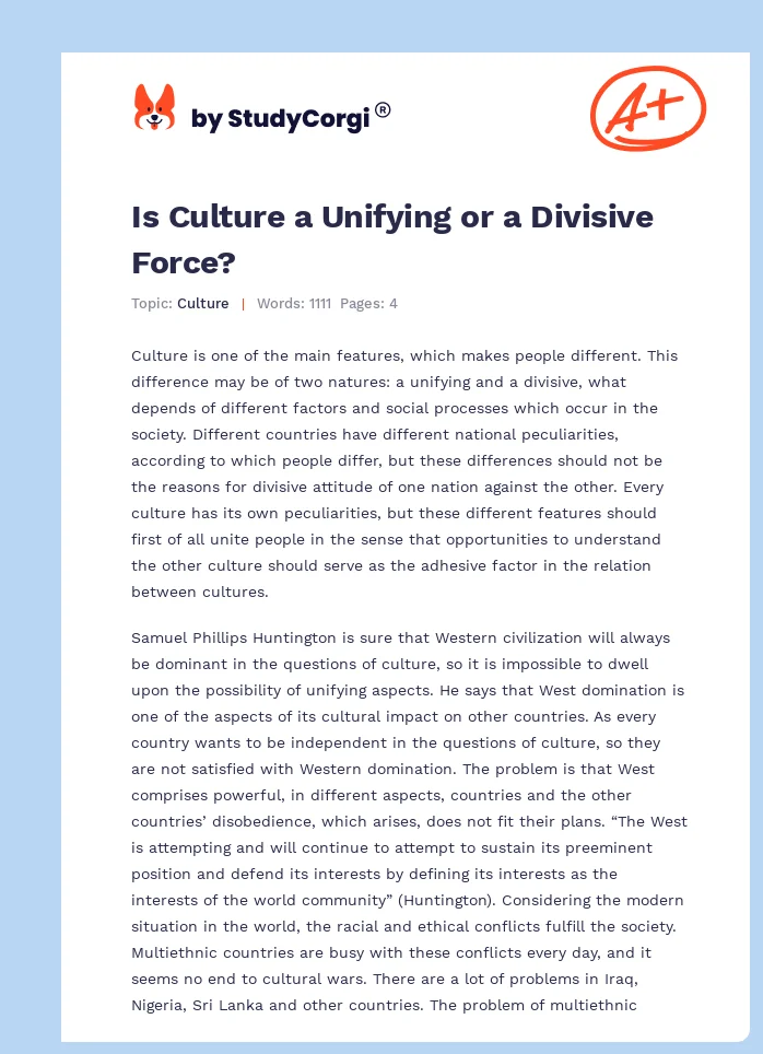 Is Culture a Unifying or a Divisive Force?. Page 1