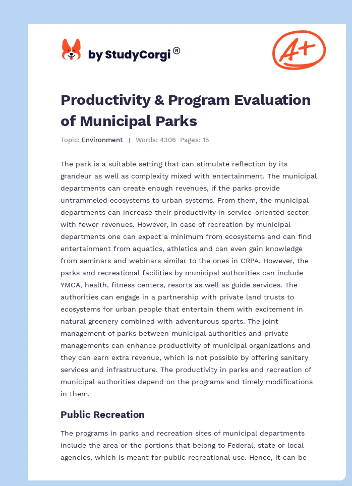 Productivity & Program Evaluation of Municipal Parks. Page 1