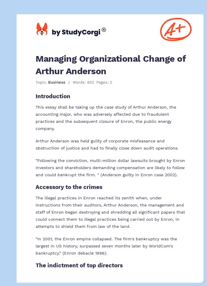 Managing Organizational Change of Arthur Anderson. Page 1
