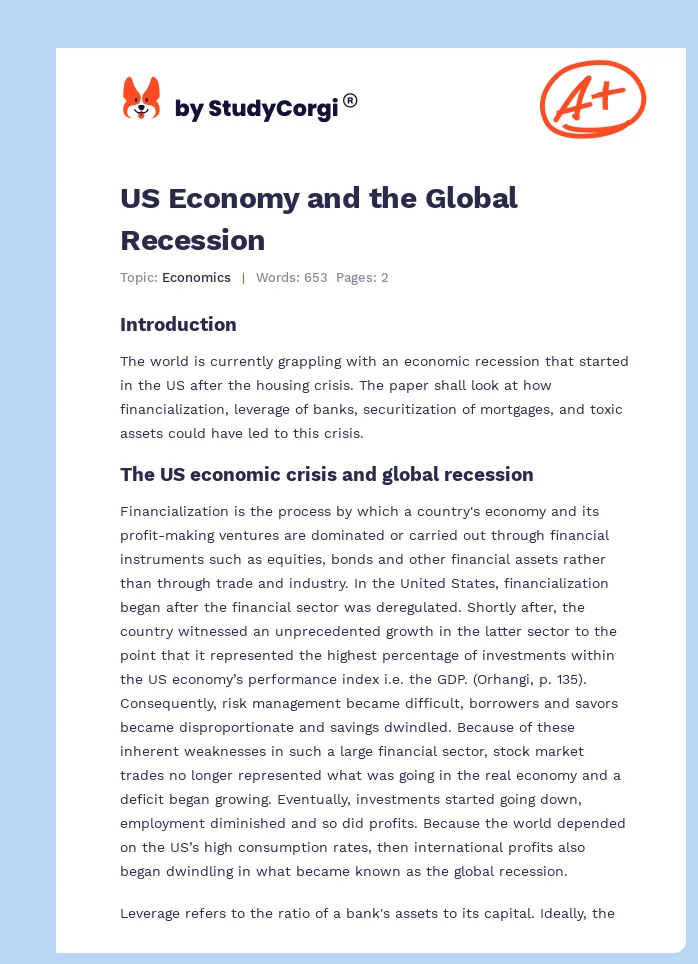 US Economy and the Global Recession. Page 1