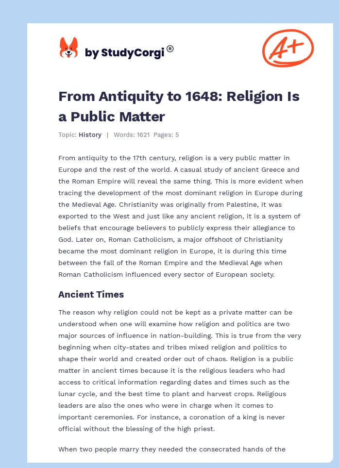 From Antiquity to 1648: Religion Is a Public Matter. Page 1