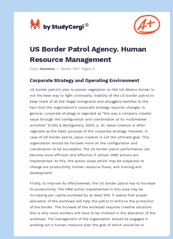 US Border Patrol Agency. Human Resource Management. Page 1