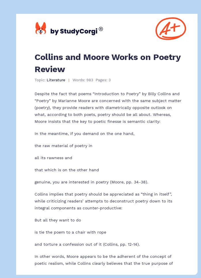 Collins and Moore Works on Poetry Review. Page 1