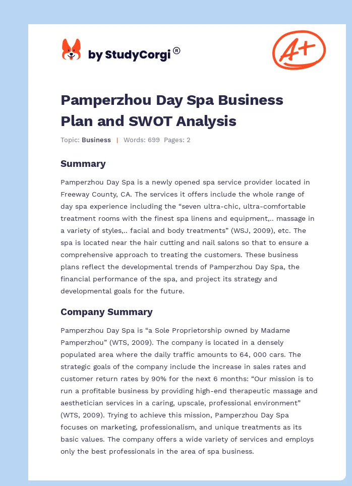Pamperzhou Day Spa Business Plan and SWOT Analysis. Page 1