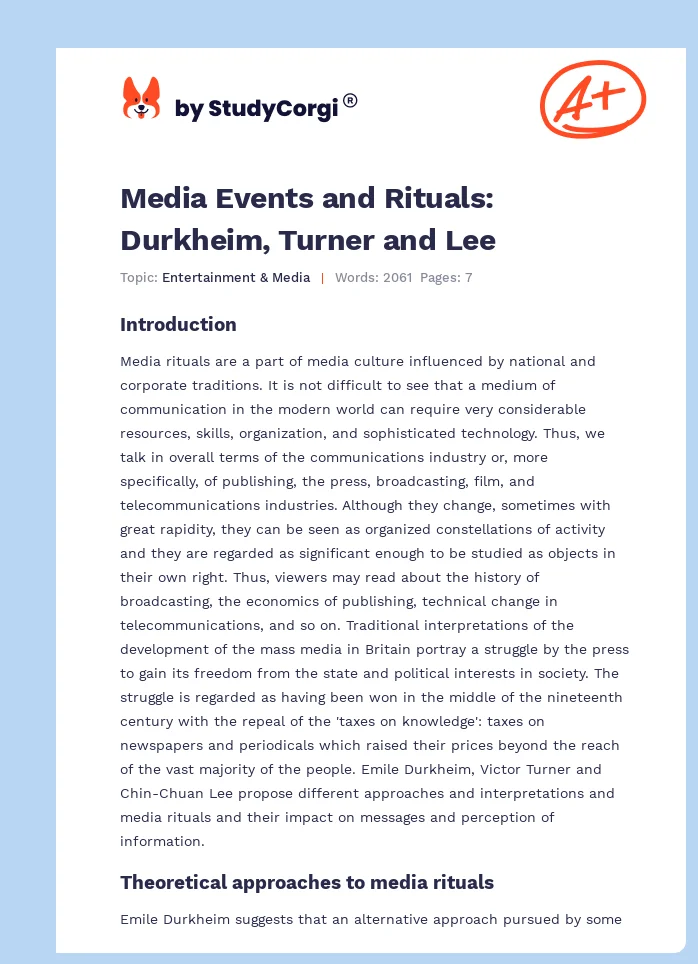 Media Events and Rituals: Durkheim, Turner and Lee. Page 1