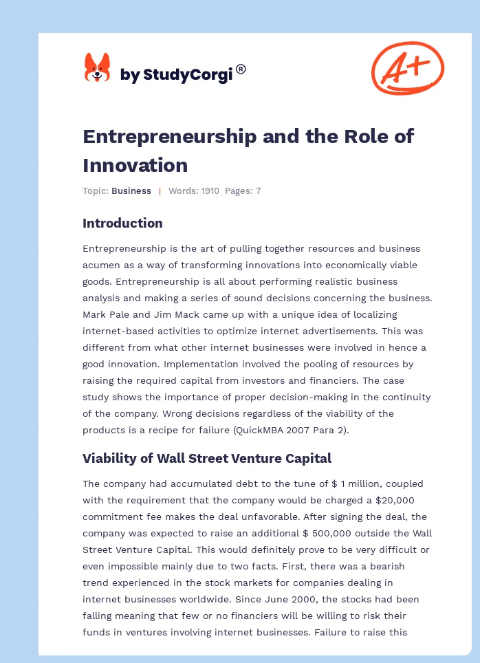 Entrepreneurship and the Role of Innovation. Page 1
