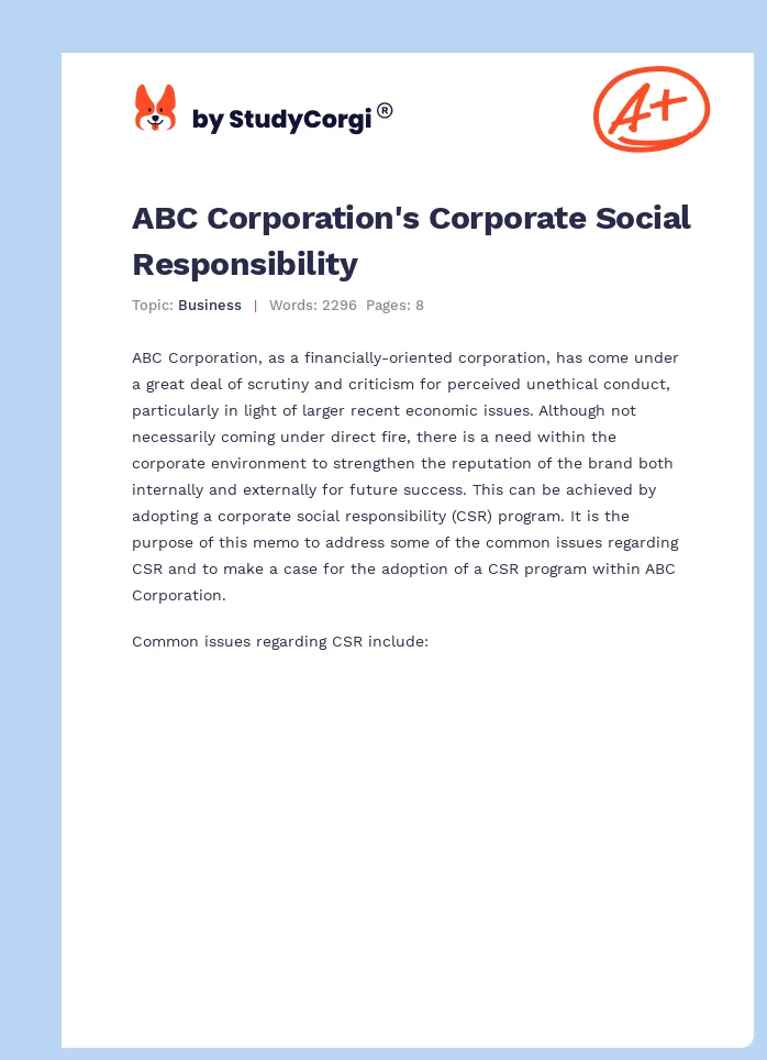 ABC Corporation's Corporate Social Responsibility. Page 1