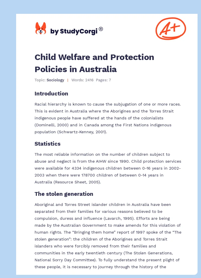 Child Welfare and Protection Policies in Australia. Page 1