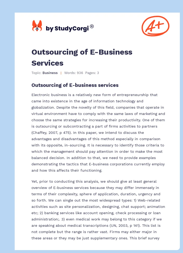 Outsourcing of E-Business Services. Page 1