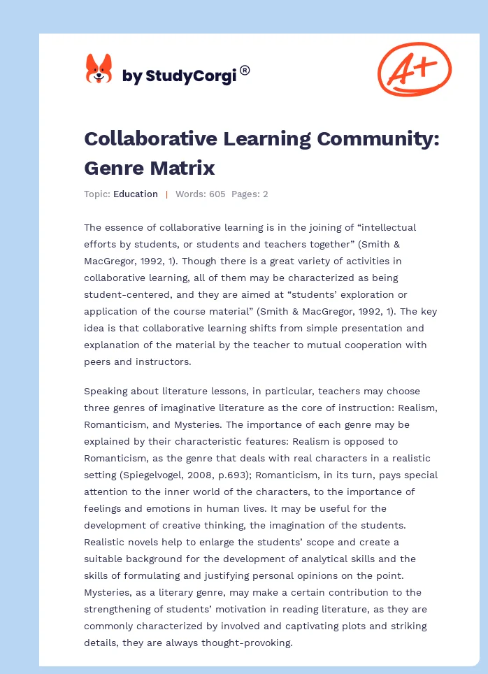 Collaborative Learning Community: Genre Matrix. Page 1