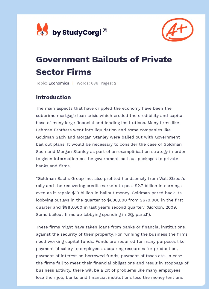 Government Bailouts of Private Sector Firms. Page 1
