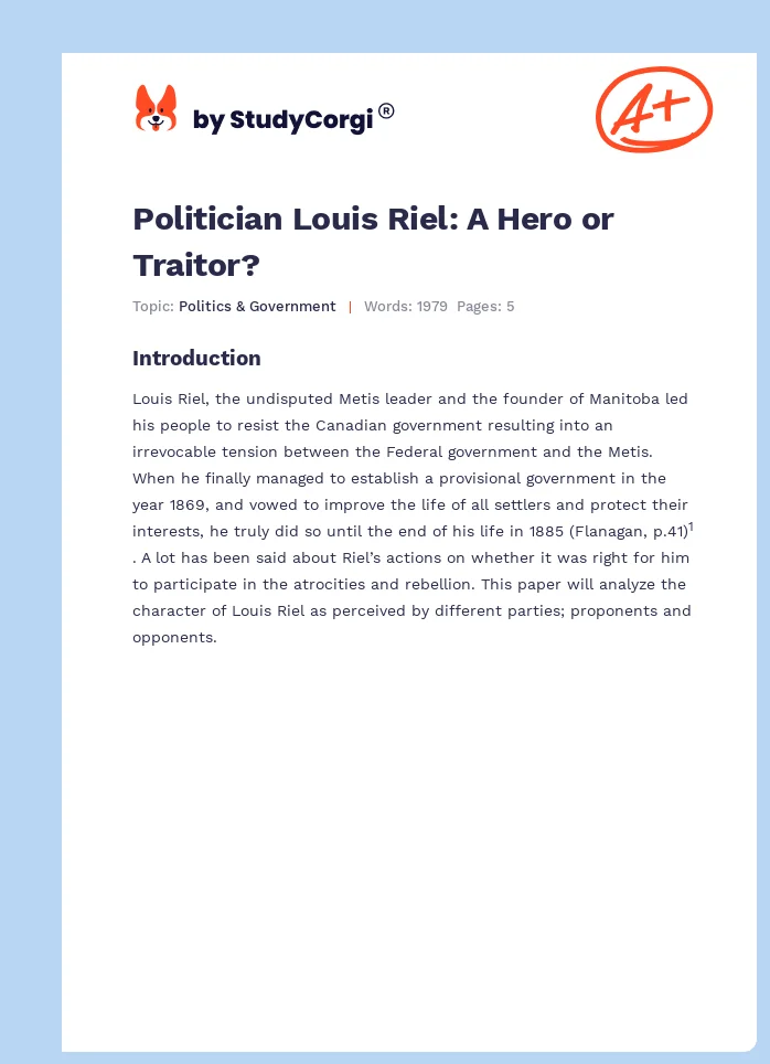 Politician Louis Riel: A Hero or Traitor?. Page 1